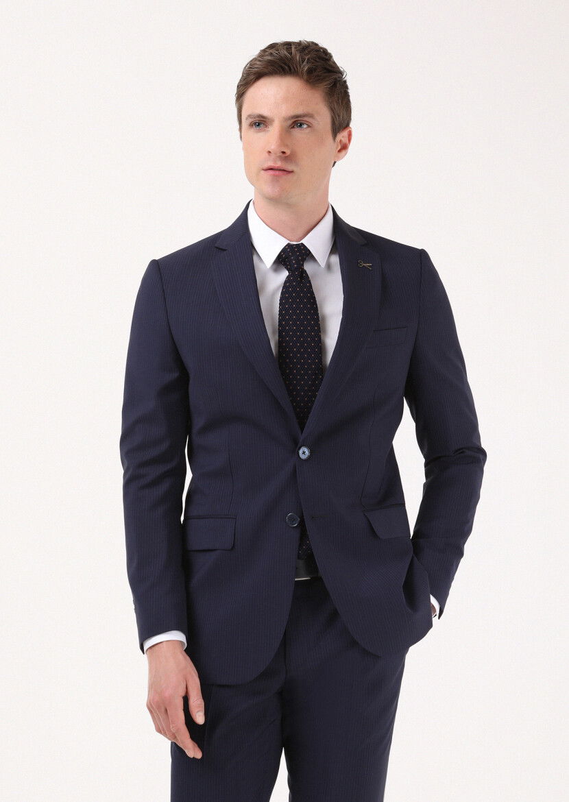 Lacivert Çizgili Thin&taller Slim Fit %100 Yün Takım Elbise - 1