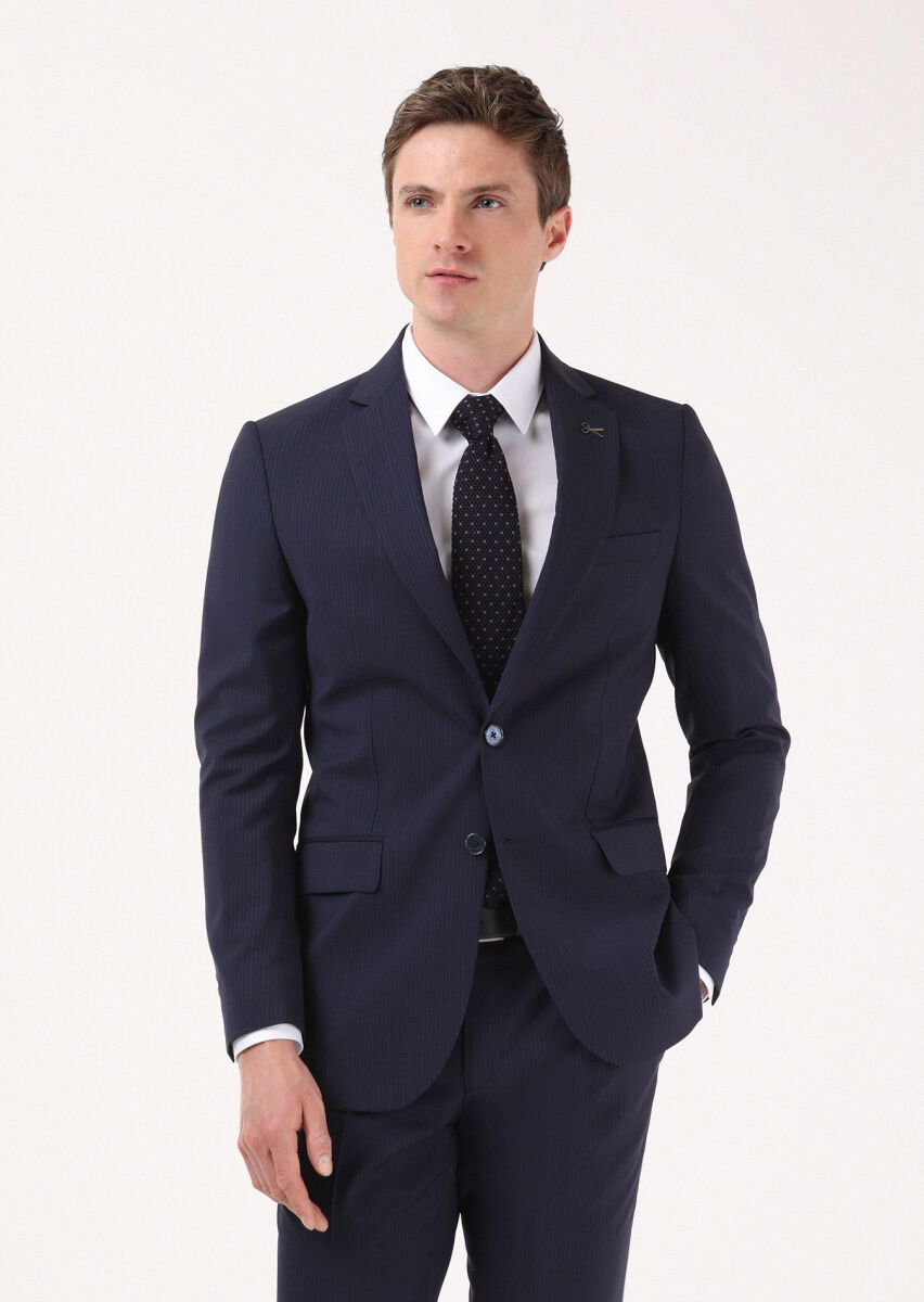 Lacivert Çizgili Thin&taller Slim Fit %100 Yün Takım Elbise - 1