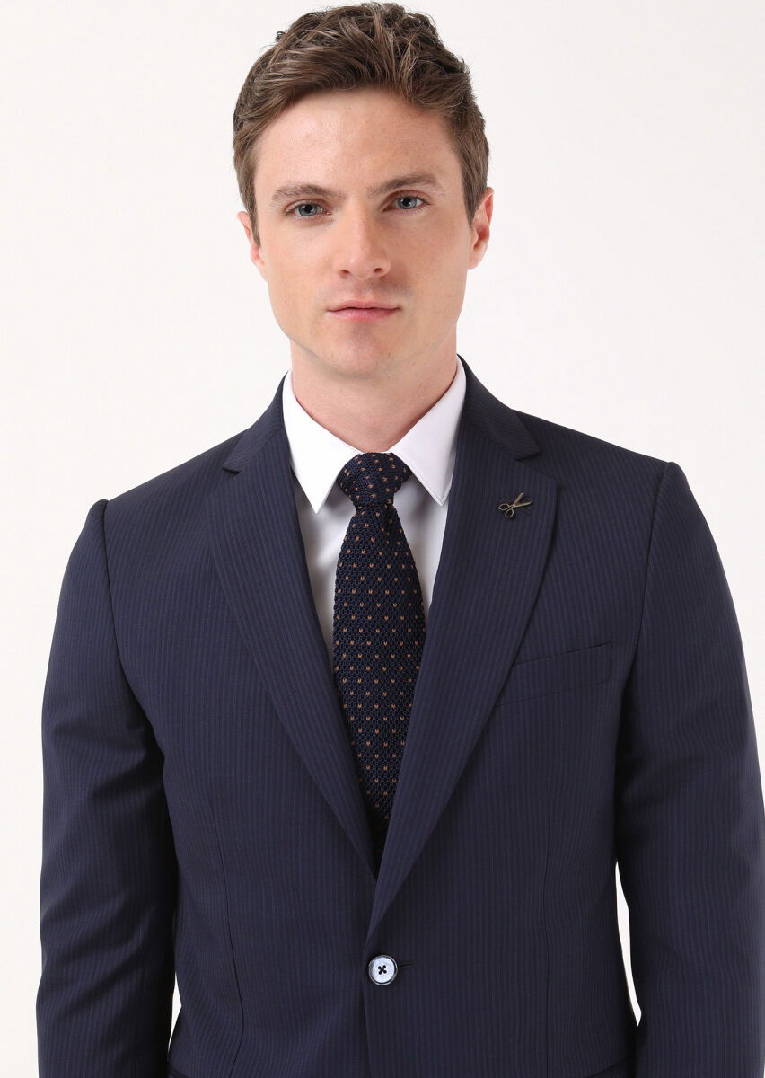 Lacivert Çizgili Thin&taller Slim Fit %100 Yün Takım Elbise - 2