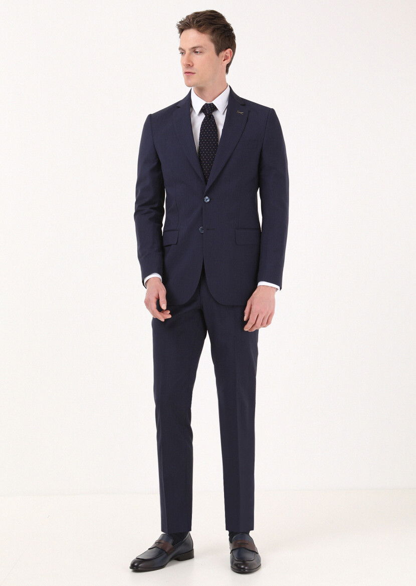 Lacivert Çizgili Thin&taller Slim Fit %100 Yün Takım Elbise - 3