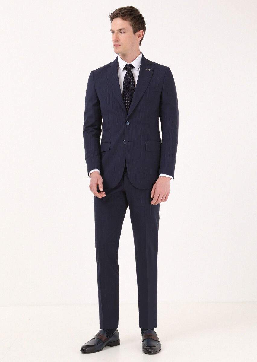 Lacivert Çizgili Thin&taller Slim Fit %100 Yün Takım Elbise - 3
