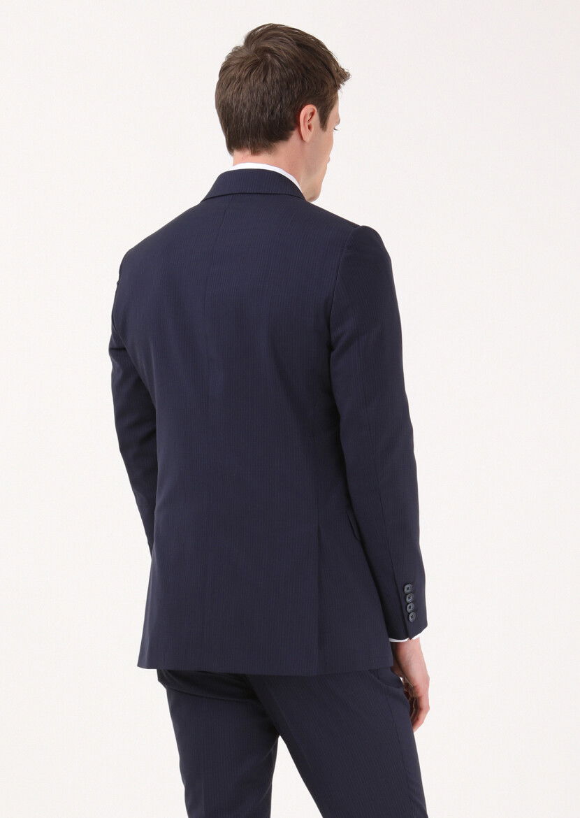 Lacivert Çizgili Thin&taller Slim Fit %100 Yün Takım Elbise - 4