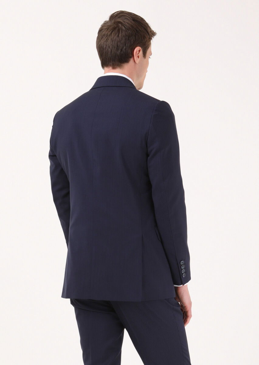 Lacivert Çizgili Thin&taller Slim Fit %100 Yün Takım Elbise - 4