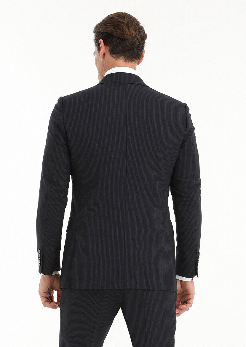Lacivert Çizgili Thin&taller Slim Fit %100 Yün Takım Elbise - 4