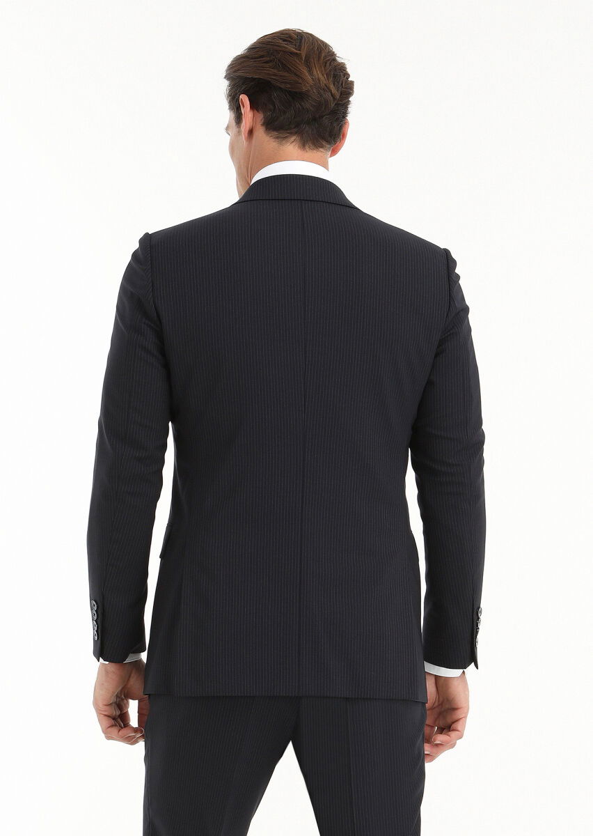 Lacivert Çizgili Thin&taller Slim Fit %100 Yün Takım Elbise - 4