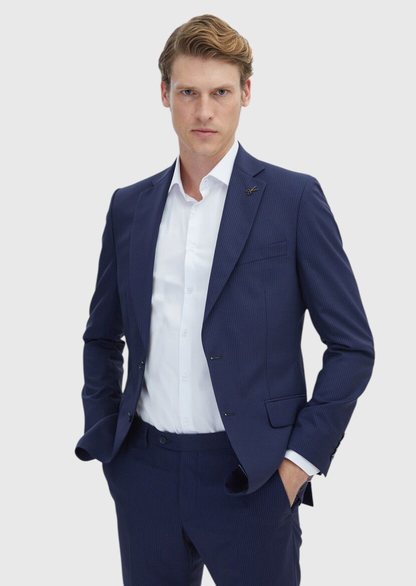 Lacivert Çizgili Thin&taller Slim Fit %100 Yün Takım Elbise - 3