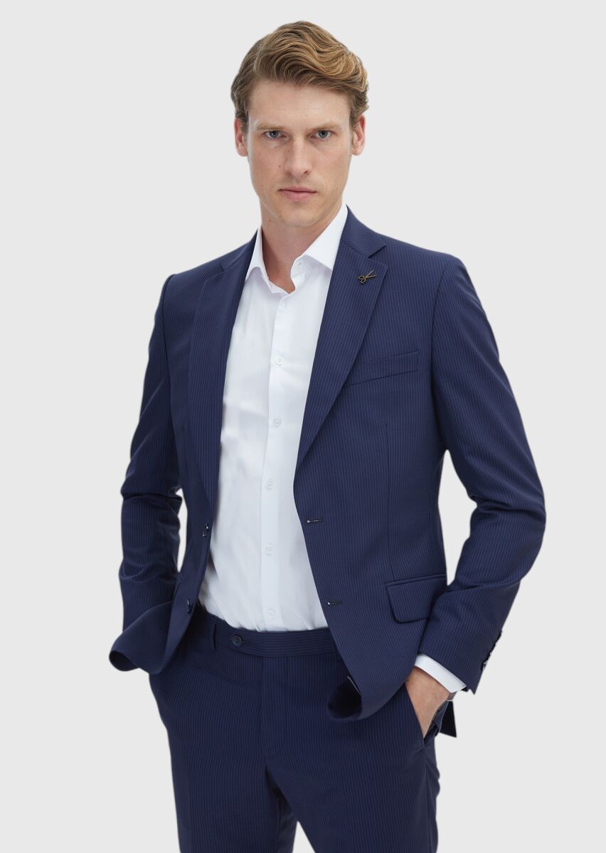 Lacivert Çizgili Thin&taller Slim Fit %100 Yün Takım Elbise - 3