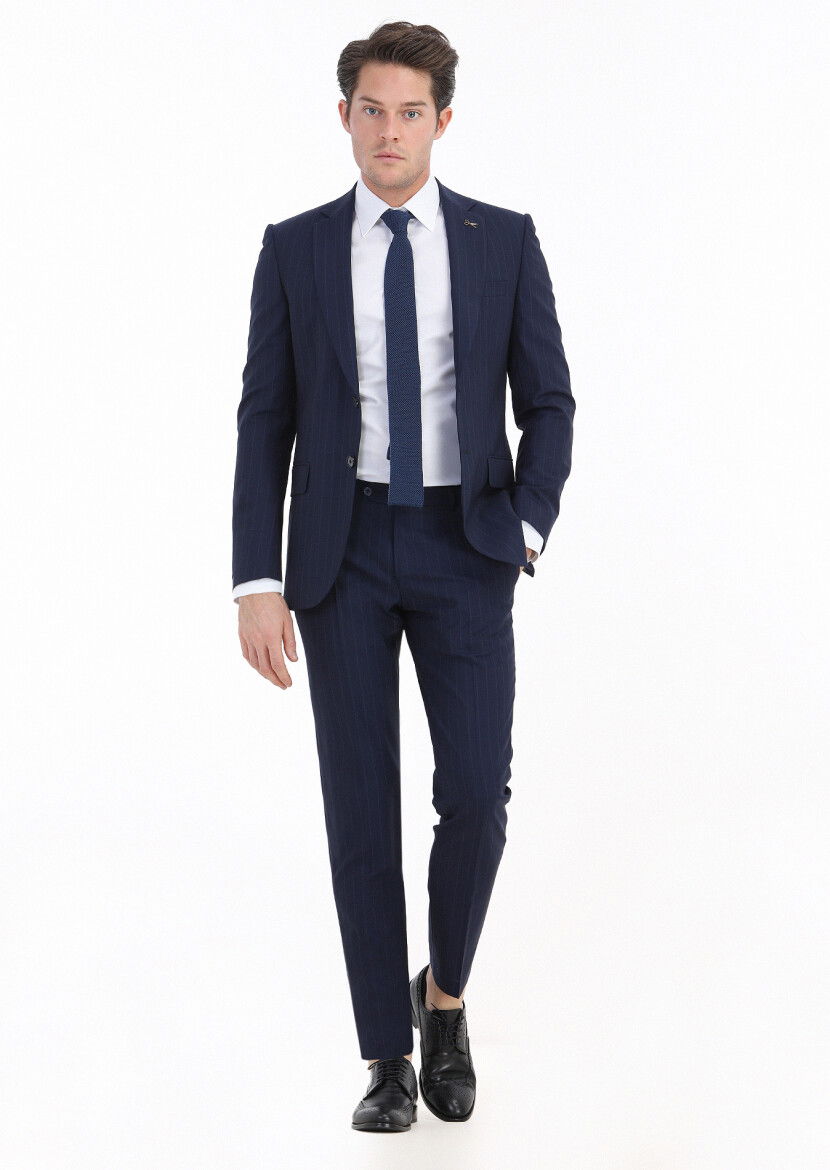 Lacivert Çizgili Thin&taller Slim Fit Yün Karışımlı Takım Elbise - 1