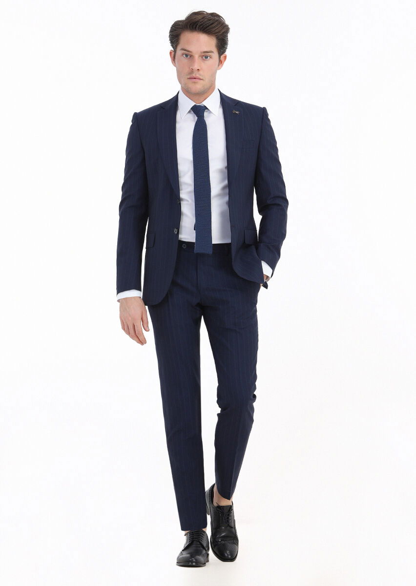Lacivert Çizgili Thin&taller Slim Fit Yün Karışımlı Takım Elbise - 1
