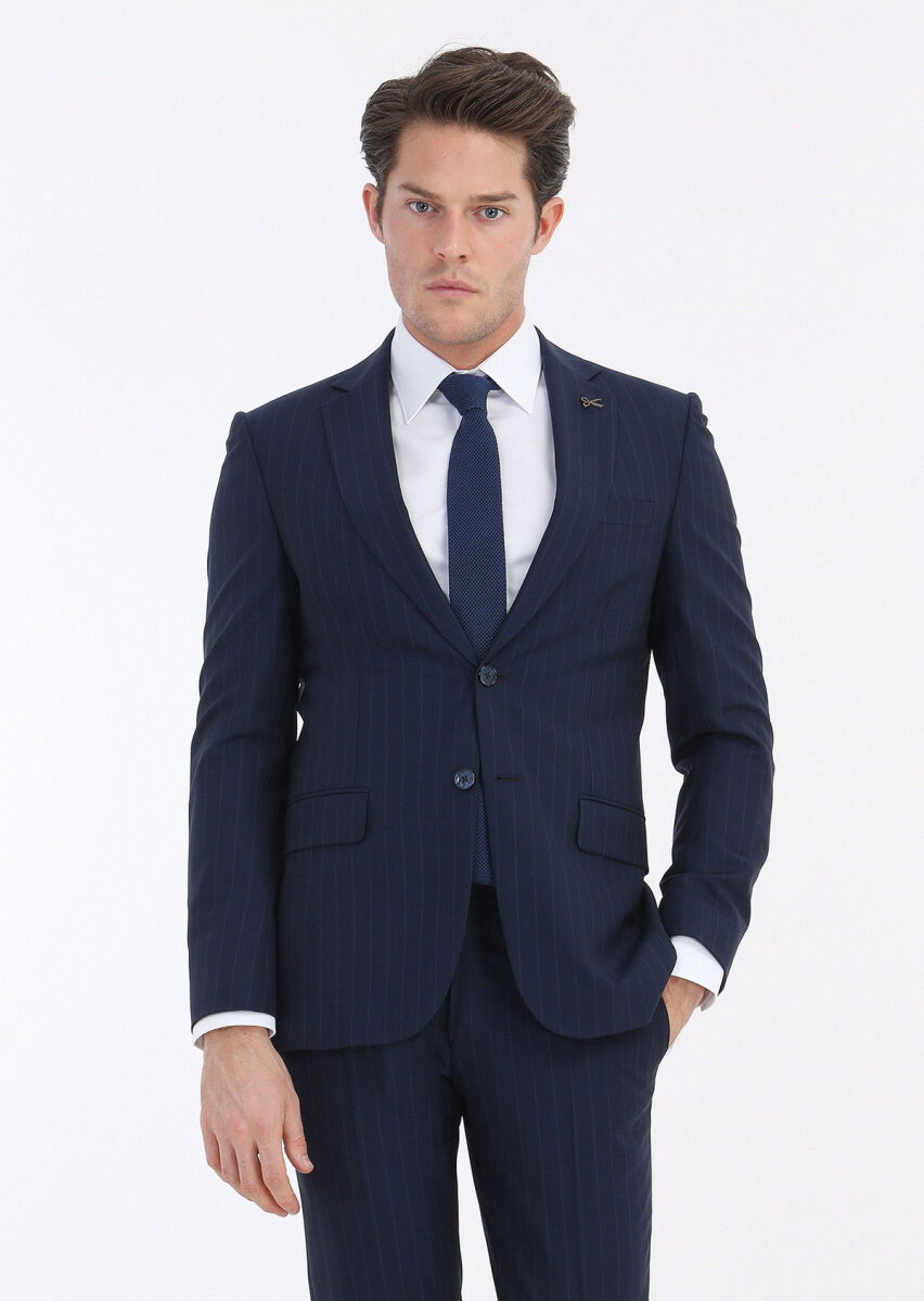 Lacivert Çizgili Thin&taller Slim Fit Yün Karışımlı Takım Elbise - 2