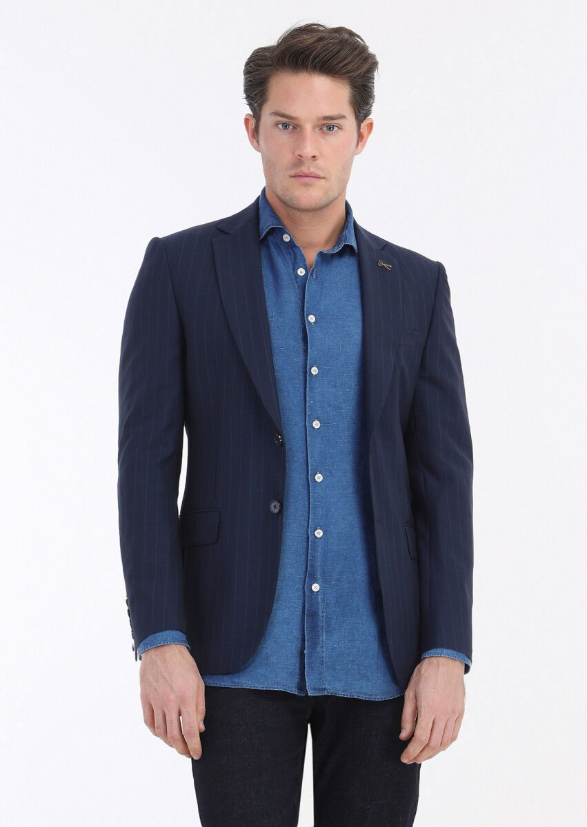 Lacivert Çizgili Thin&taller Slim Fit Yün Karışımlı Takım Elbise - 3
