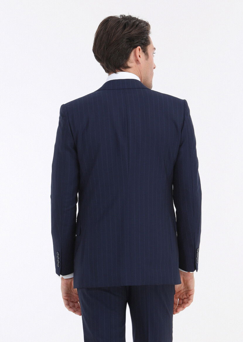 Lacivert Çizgili Thin&taller Slim Fit Yün Karışımlı Takım Elbise - 5