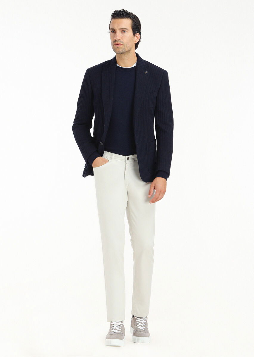 Lacivert Çizgili Zeroweight Slim Fit %100 Pamuk Örme Ceket - 1