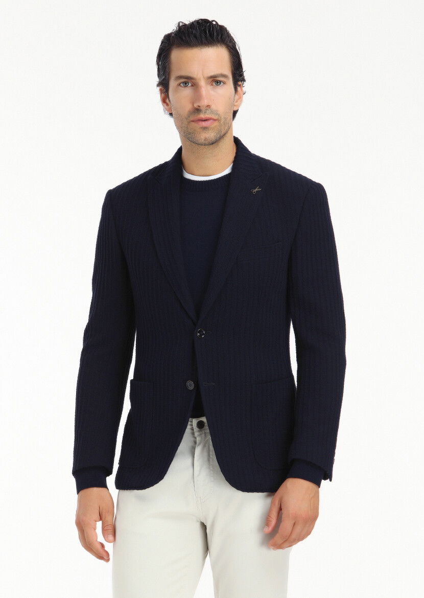 Lacivert Çizgili Zeroweight Slim Fit %100 Pamuk Örme Ceket - 3