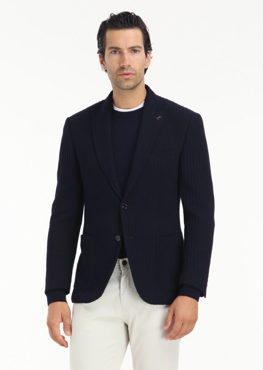 Lacivert Çizgili Zeroweight Slim Fit %100 Pamuk Örme Ceket - 3
