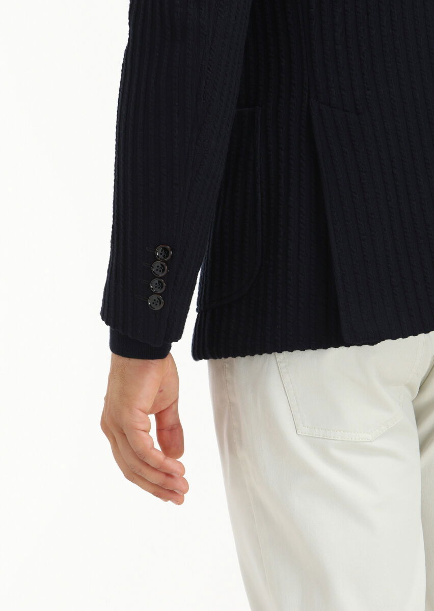 Lacivert Çizgili Zeroweight Slim Fit %100 Pamuk Örme Ceket - 4