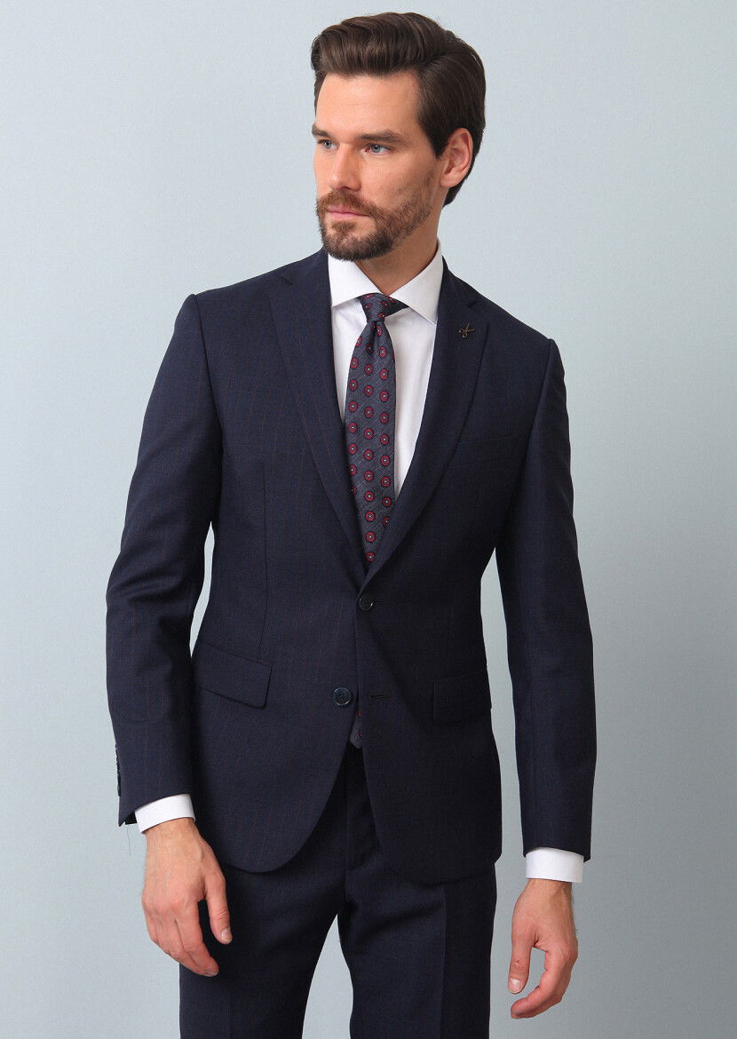 Lacivert Çizgili Zeroweight Slim Fit %100 Yün Takım Elbise - 1