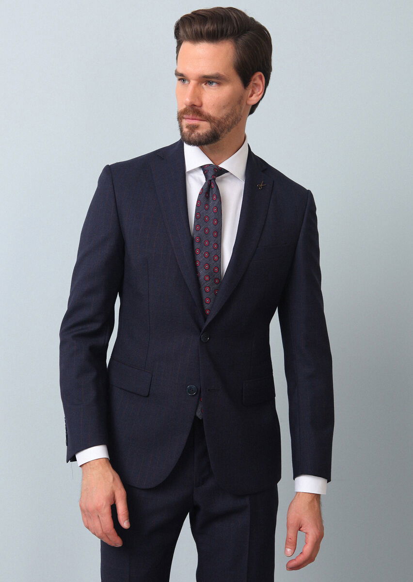 Lacivert Çizgili Zeroweight Slim Fit %100 Yün Takım Elbise - 1