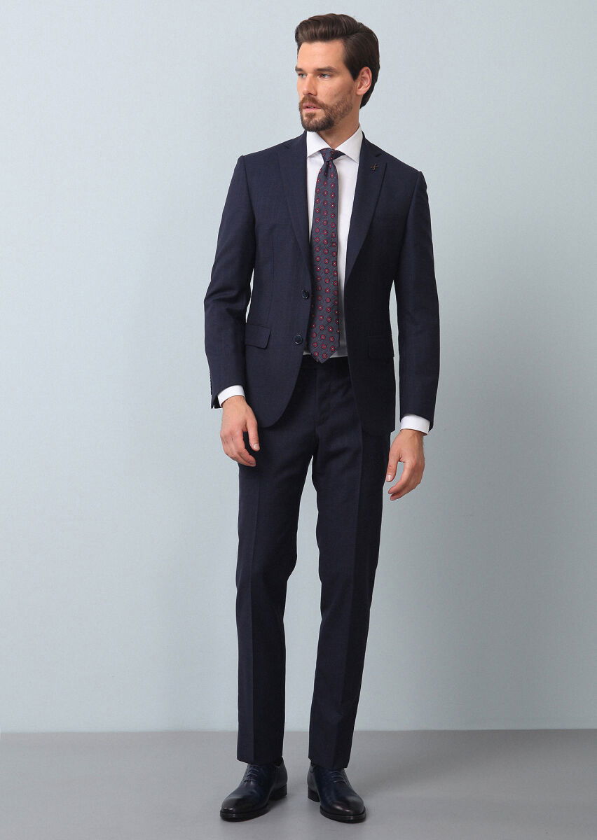 Lacivert Çizgili Zeroweight Slim Fit %100 Yün Takım Elbise - 2