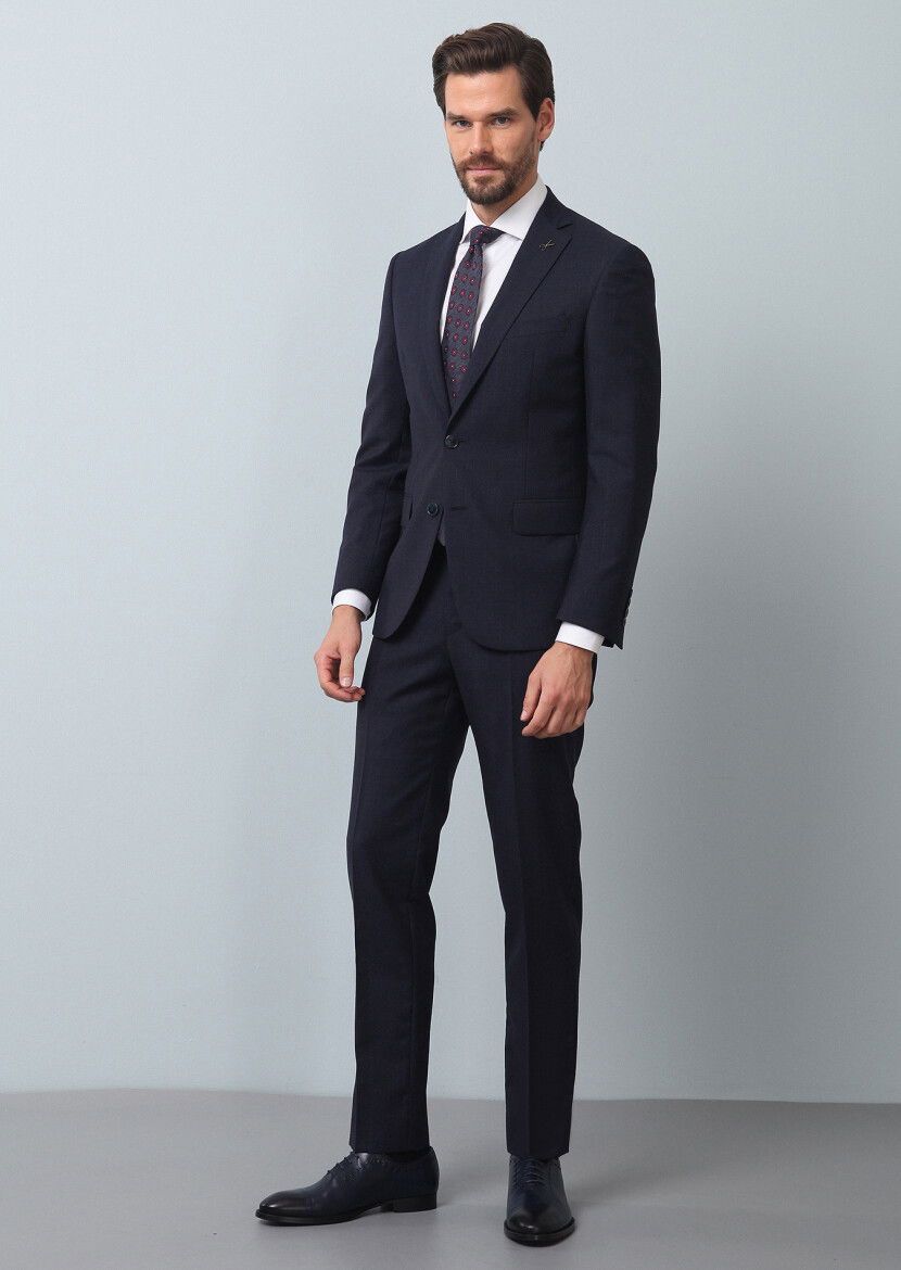 Lacivert Çizgili Zeroweight Slim Fit %100 Yün Takım Elbise - 4
