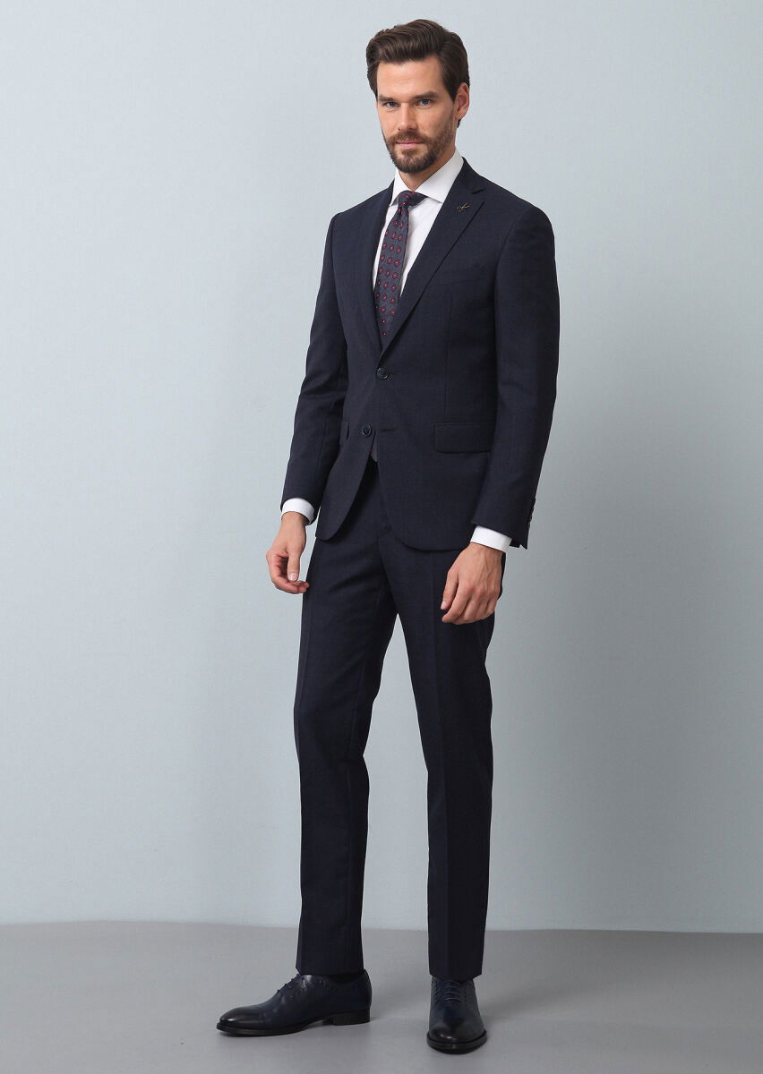 Lacivert Çizgili Zeroweight Slim Fit %100 Yün Takım Elbise - 4