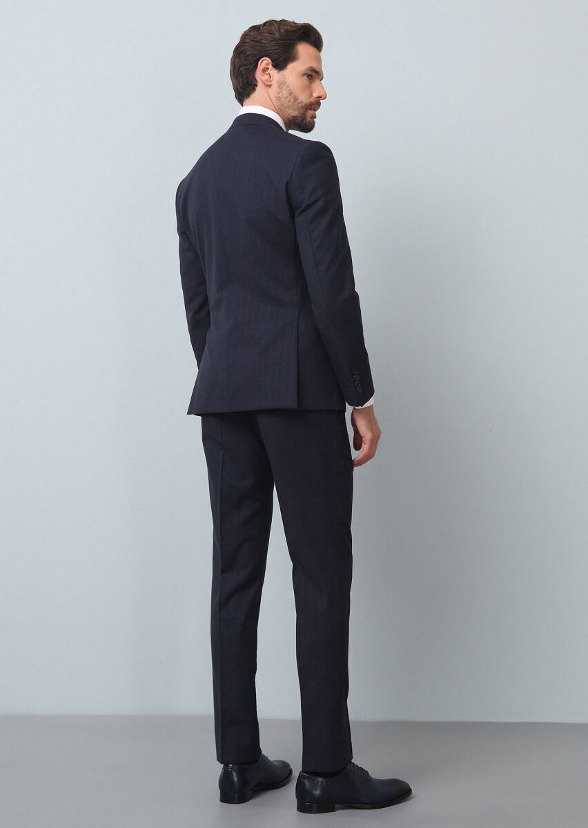 Lacivert Çizgili Zeroweight Slim Fit %100 Yün Takım Elbise - 5