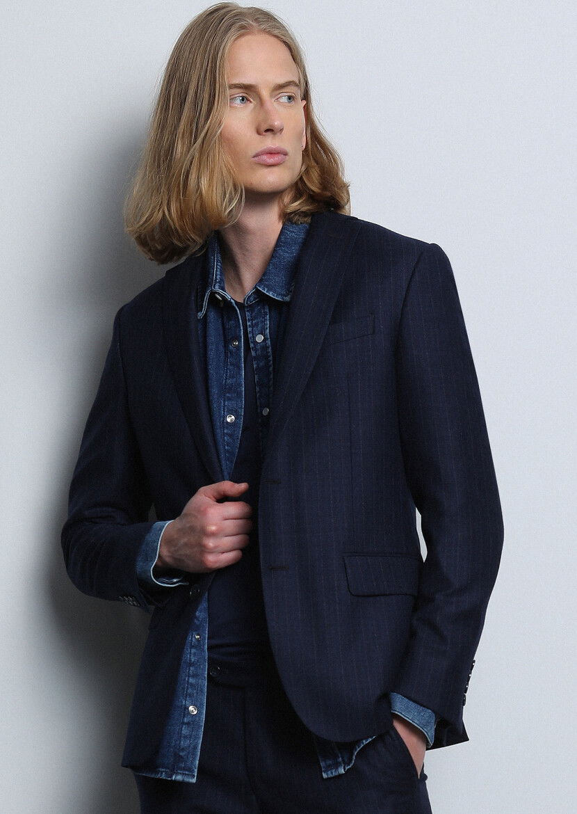 Lacivert Çizgili Zeroweight Slim Fit %100 Yün Takım Elbise - 3