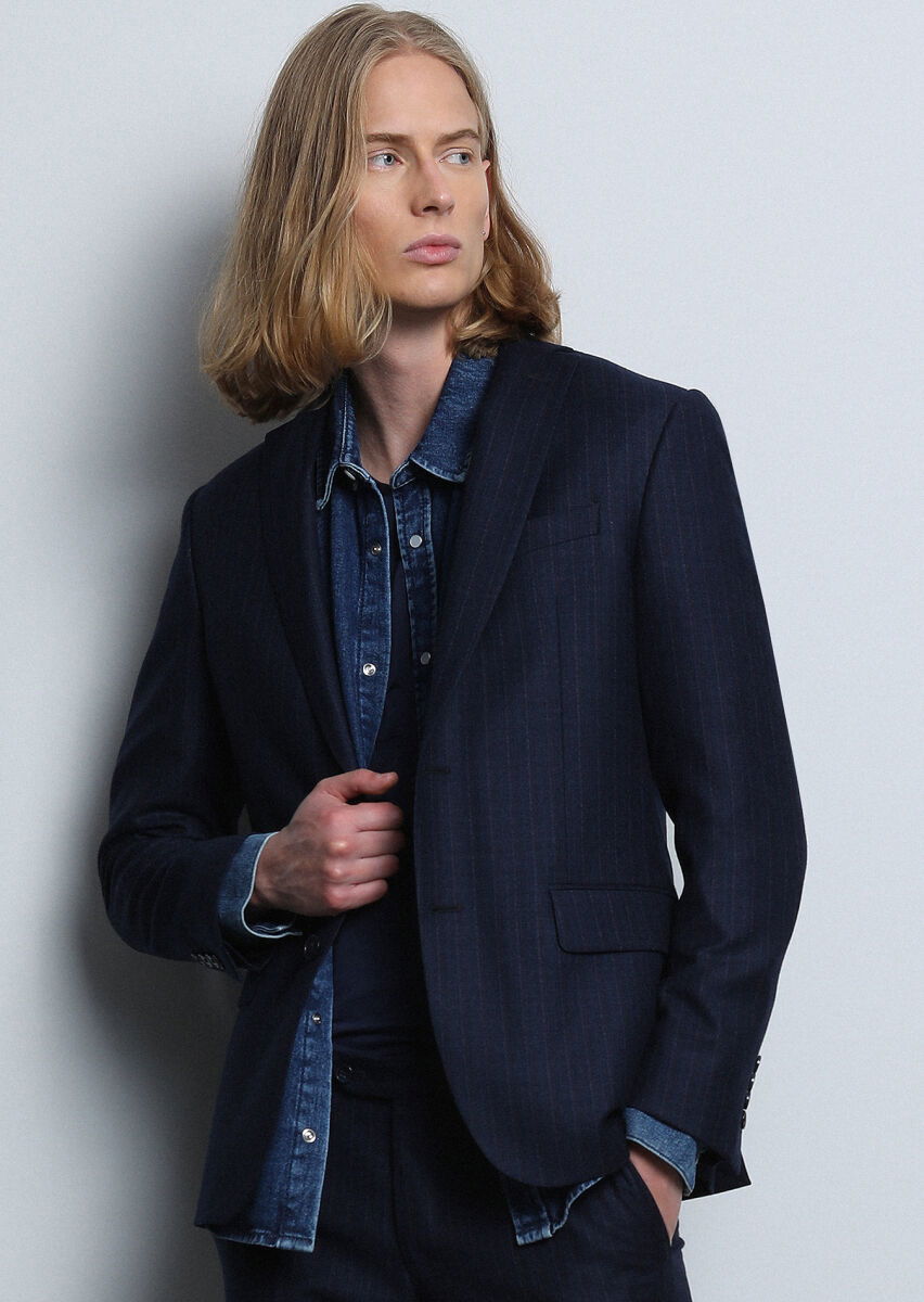 Lacivert Çizgili Zeroweight Slim Fit %100 Yün Takım Elbise - 3