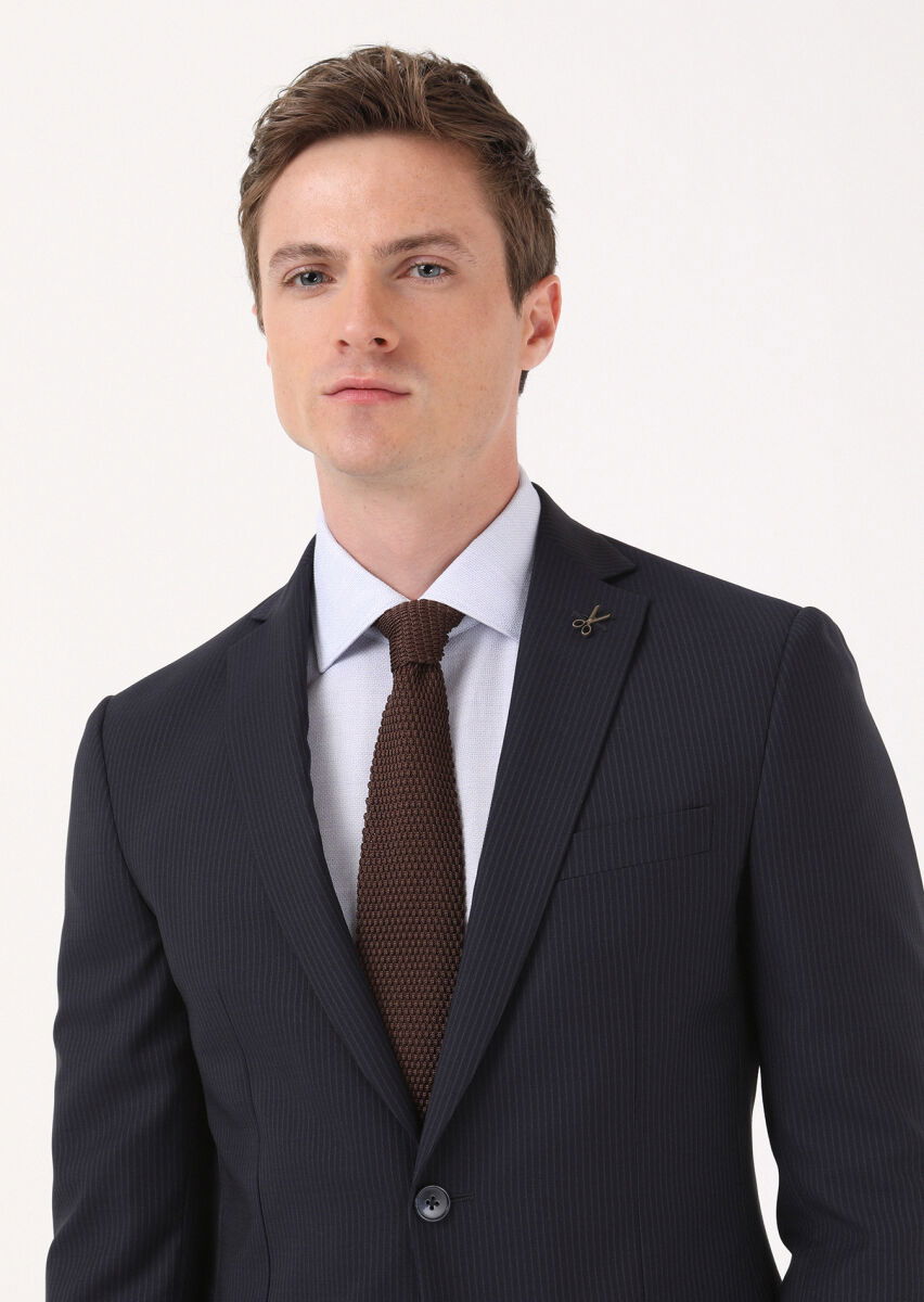 Lacivert Çizgili Zeroweight Slim Fit %100 Yün Takım Elbise - 3