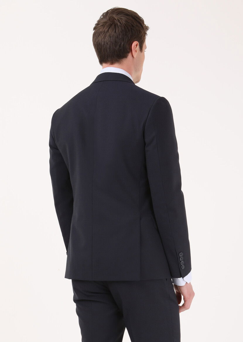 Lacivert Çizgili Zeroweight Slim Fit %100 Yün Takım Elbise - 4