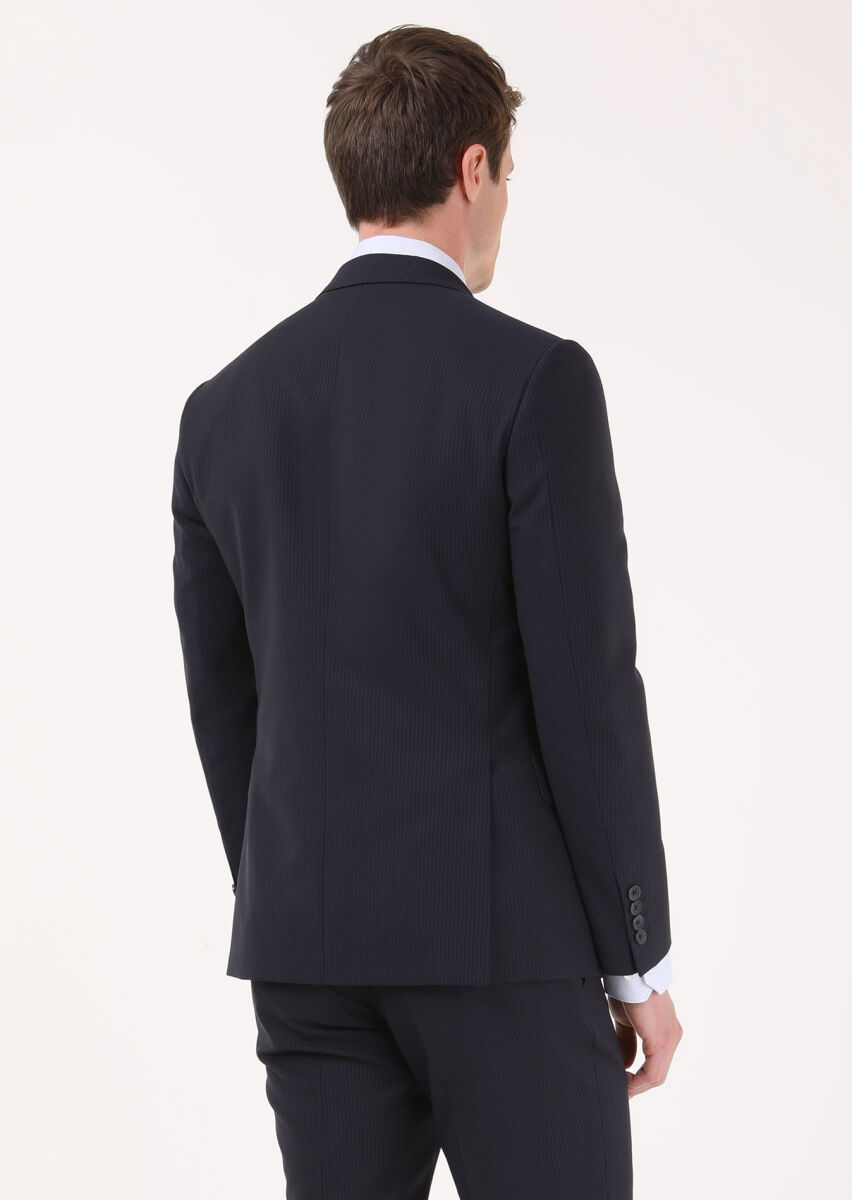 Lacivert Çizgili Zeroweight Slim Fit %100 Yün Takım Elbise - 4