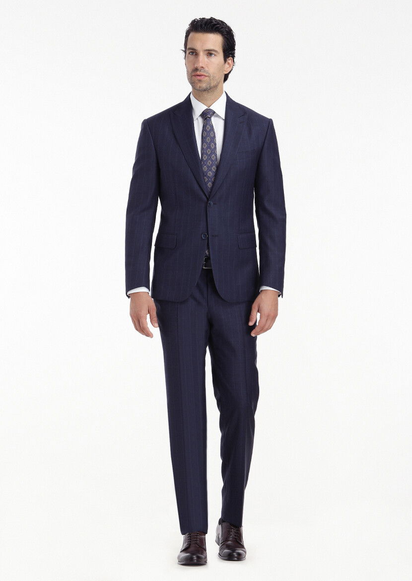 Lacivert Çizgili Zeroweight Slim Fit %100 Yün Takım Elbise - 1