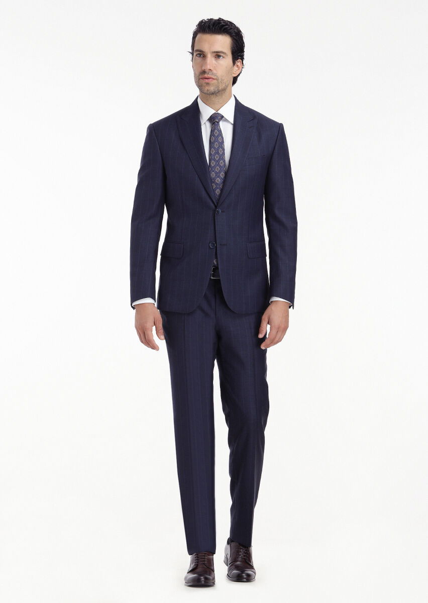 Lacivert Çizgili Zeroweight Slim Fit %100 Yün Takım Elbise - 1
