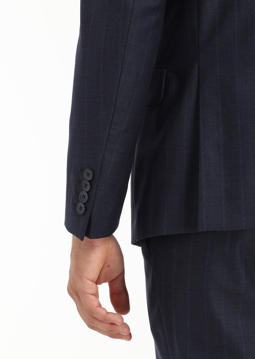 Lacivert Çizgili Zeroweight Slim Fit %100 Yün Takım Elbise - 4