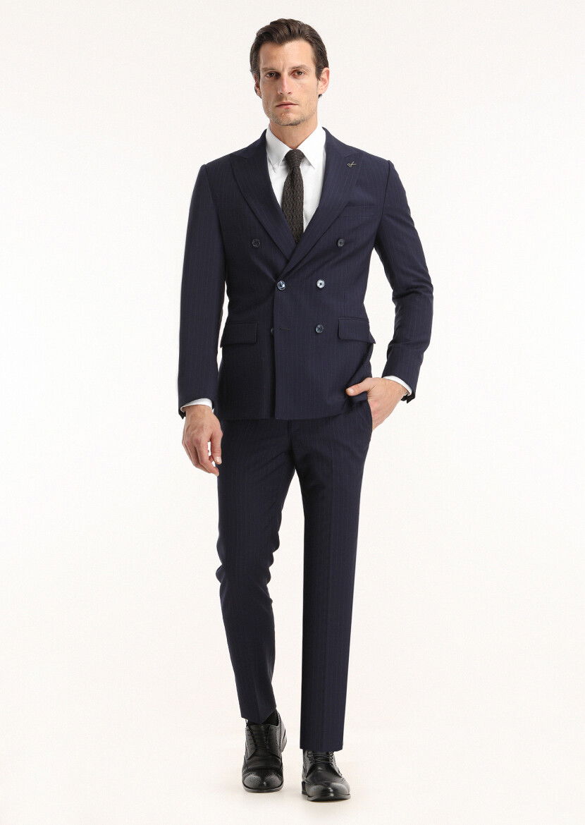 Lacivert Çizgili Zeroweight Slim Fit %100 Yün Takım Elbise - 1