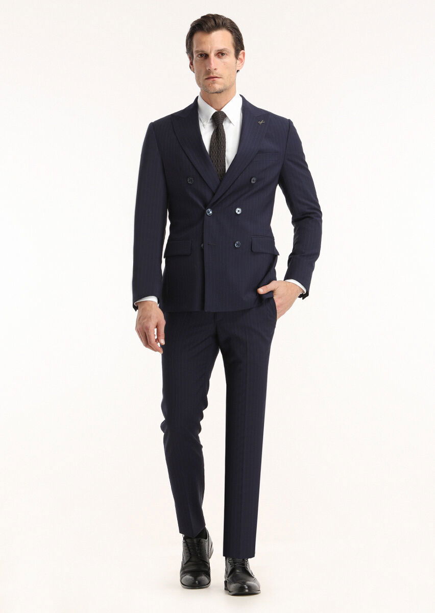 Lacivert Çizgili Zeroweight Slim Fit %100 Yün Takım Elbise - 1