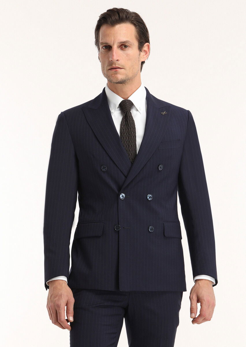 Lacivert Çizgili Zeroweight Slim Fit %100 Yün Takım Elbise - 2