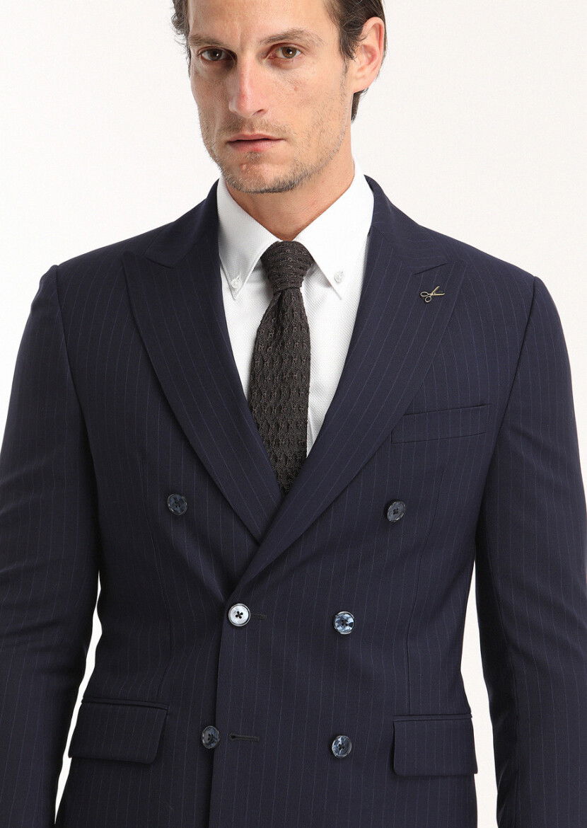 Lacivert Çizgili Zeroweight Slim Fit %100 Yün Takım Elbise - 3