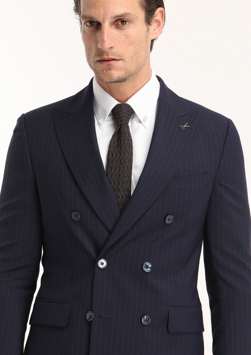 Lacivert Çizgili Zeroweight Slim Fit %100 Yün Takım Elbise - 3