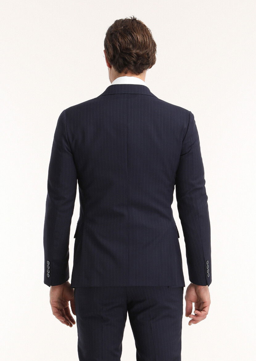Lacivert Çizgili Zeroweight Slim Fit %100 Yün Takım Elbise - 4