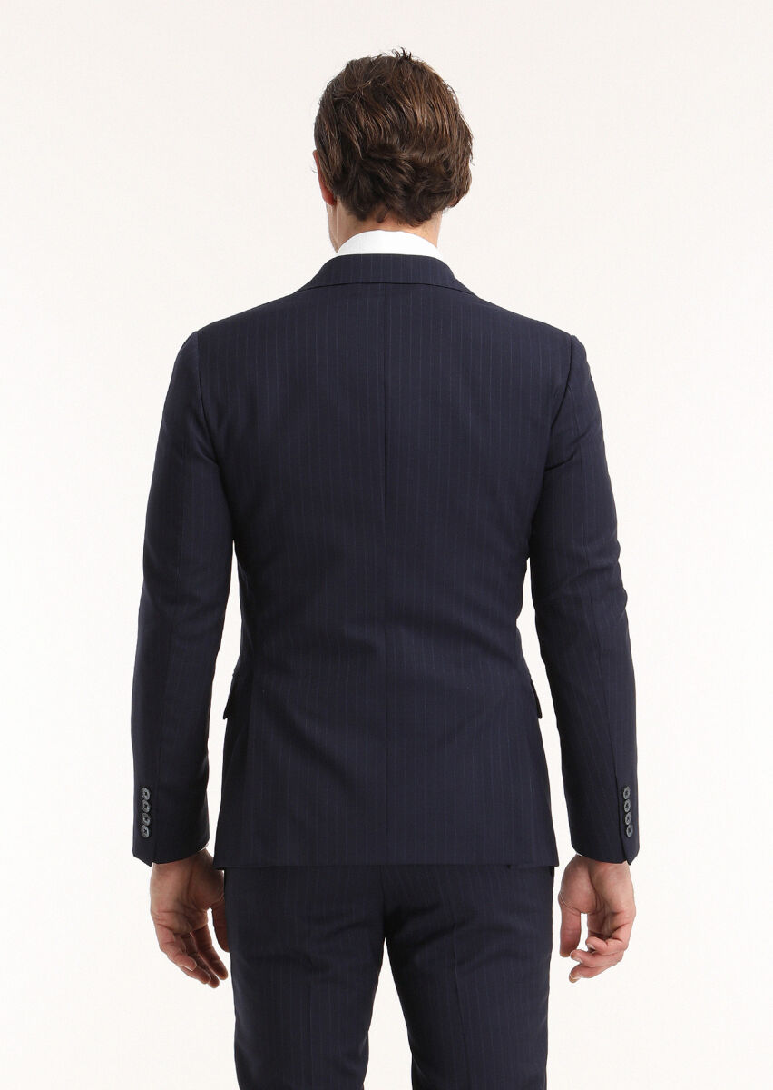 Lacivert Çizgili Zeroweight Slim Fit %100 Yün Takım Elbise - 4