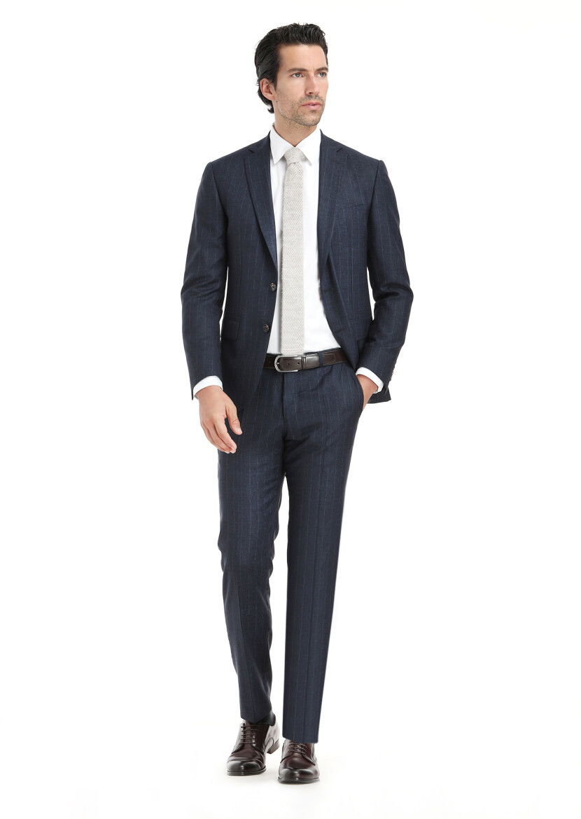 Lacivert Çizgili Zeroweight Slim Fit İpek Karışımlı Takım Elbise - 1