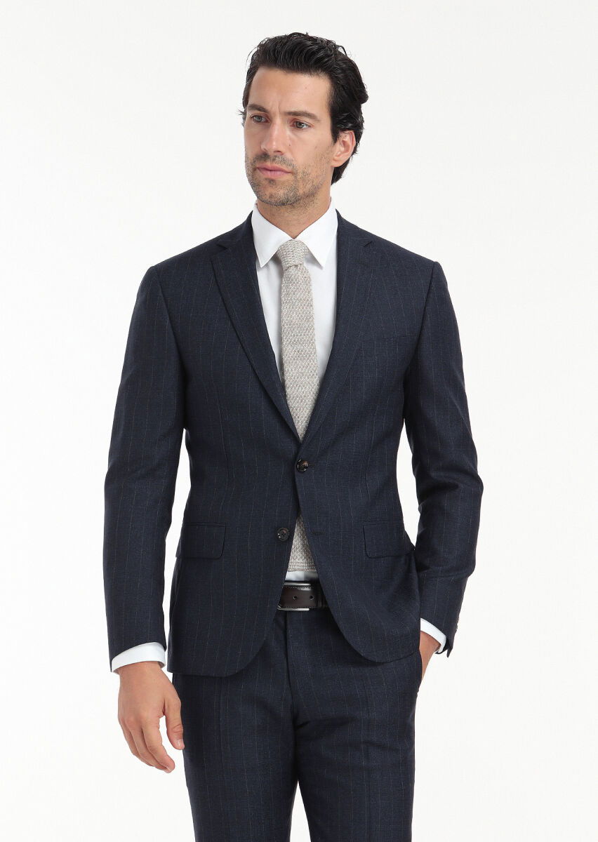 Lacivert Çizgili Zeroweight Slim Fit İpek Karışımlı Takım Elbise - 6