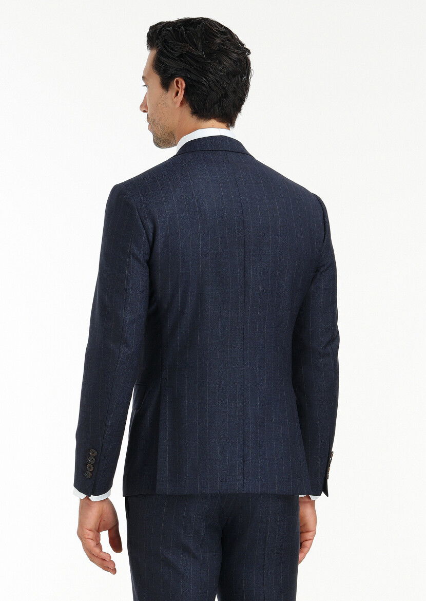Lacivert Çizgili Zeroweight Slim Fit İpek Karışımlı Takım Elbise - 7