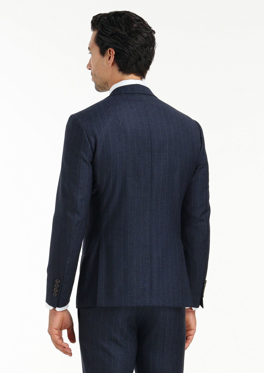 Lacivert Çizgili Zeroweight Slim Fit İpek Karışımlı Takım Elbise - 7