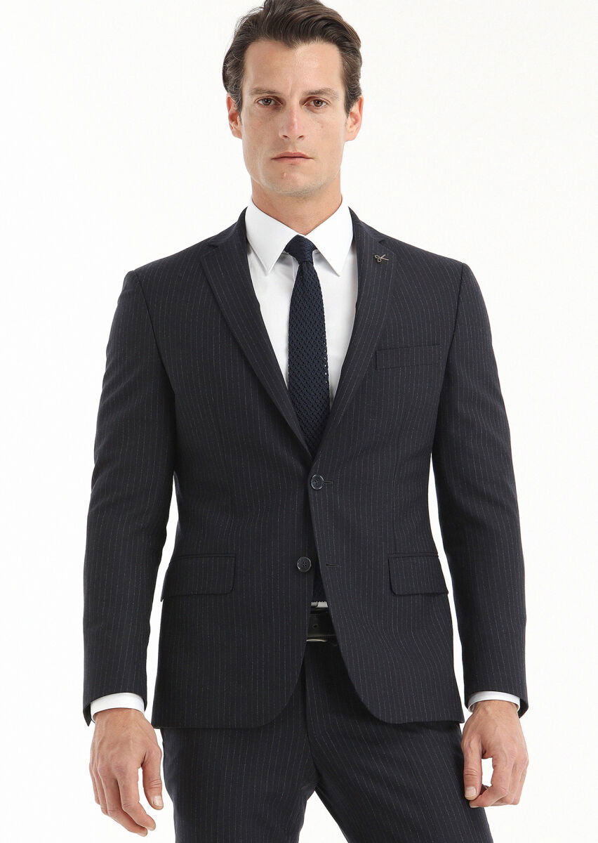 Lacivert Çizgili Zeroweight Slim Fit Yün Karışımlı Takım Elbise - 2