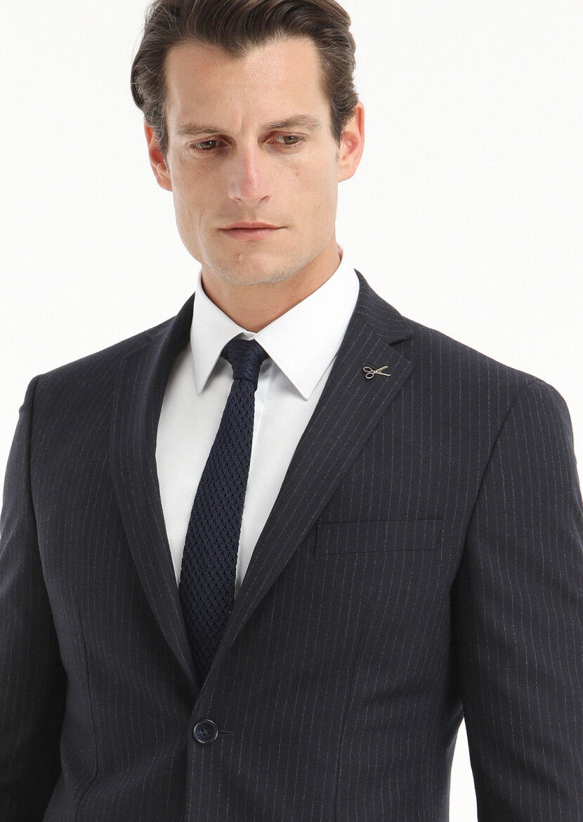 Lacivert Çizgili Zeroweight Slim Fit Yün Karışımlı Takım Elbise - 3