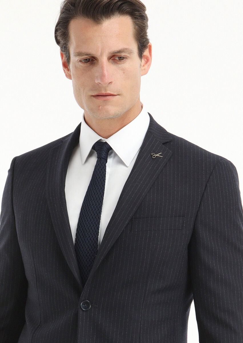 Lacivert Çizgili Zeroweight Slim Fit Yün Karışımlı Takım Elbise - 3
