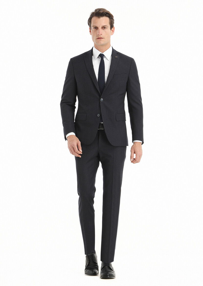 Lacivert Çizgili Zeroweight Slim Fit Yün Karışımlı Takım Elbise - 4