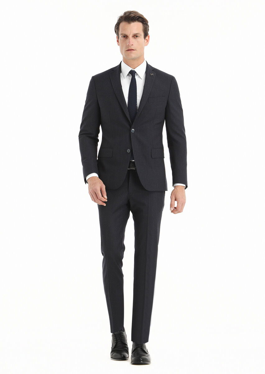 Lacivert Çizgili Zeroweight Slim Fit Yün Karışımlı Takım Elbise - 4